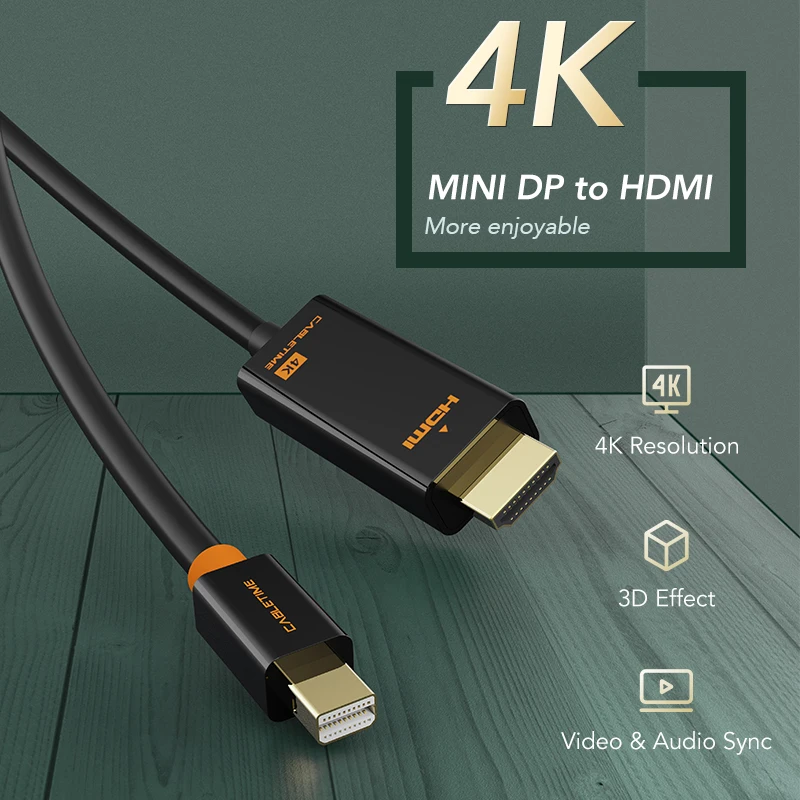 CABLETIME Mini Displayport do HDMI kabel Mini DP 1.2 Thunderbolt Displayport do HDMI kabel 1080P dla Surface pro 6 telewizor z dostępem do kanałów