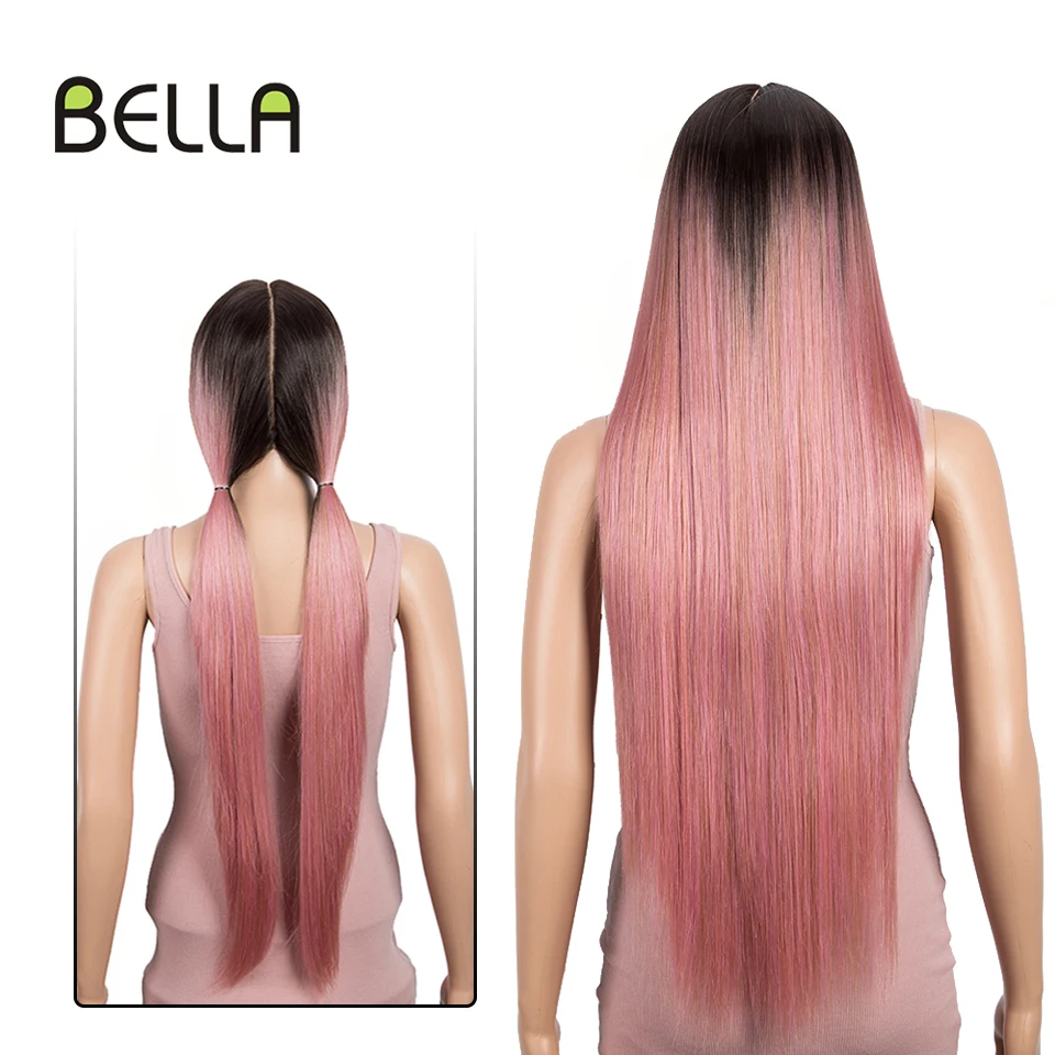 Bella-peruca frontal de renda sintética para mulheres, perucas longas e retas, renda da parte média, trança completa, rosa, cinza, cosplay