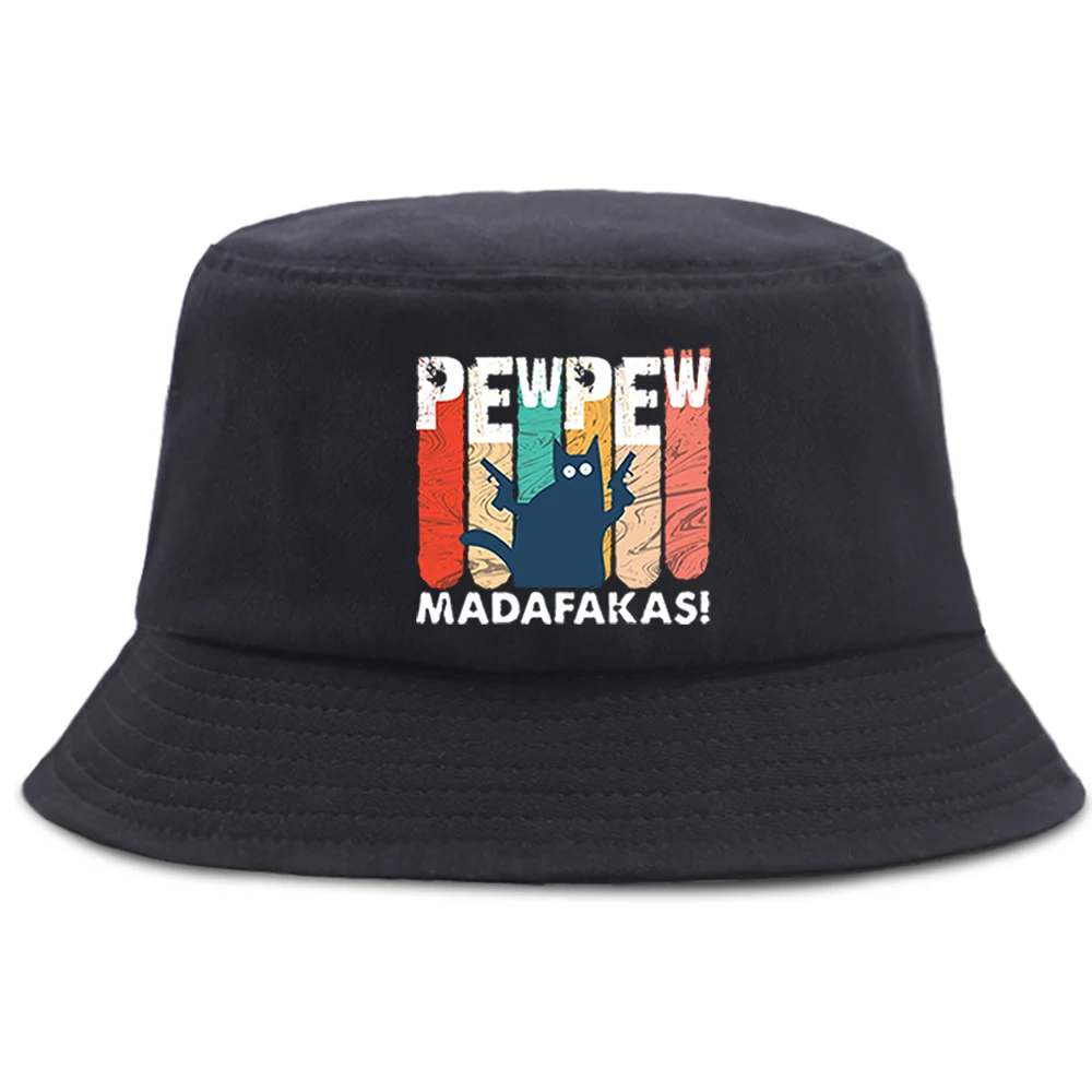 Pew Pew Madafakas Black Cat Sun Hat Hip Hop Street Casual Women Fisherman Hats Unisex Outdoor Bucket Caps Men Summer Panama Cap