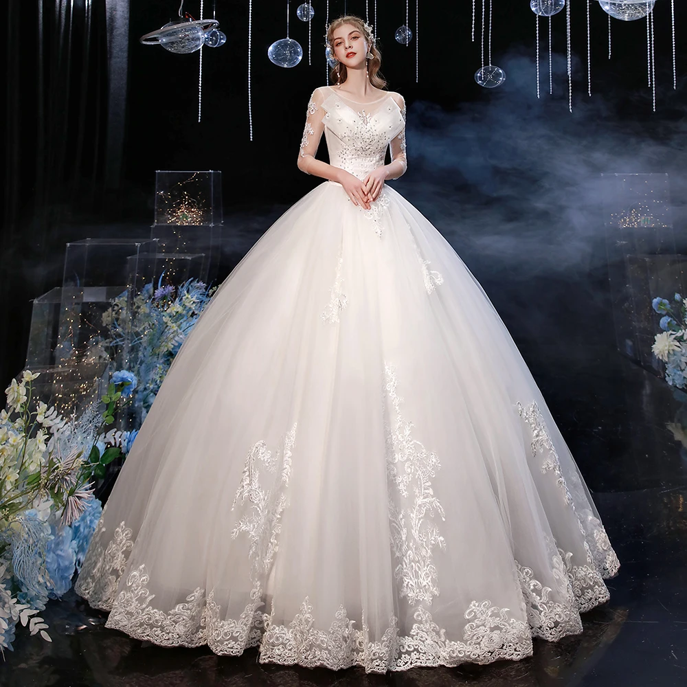 

Vestido De Noiva 2022 New Noble Lace Sequins Wedding Dress Elegant O Neck Half Sleeve Wedding Gowns Backless Bride Dress