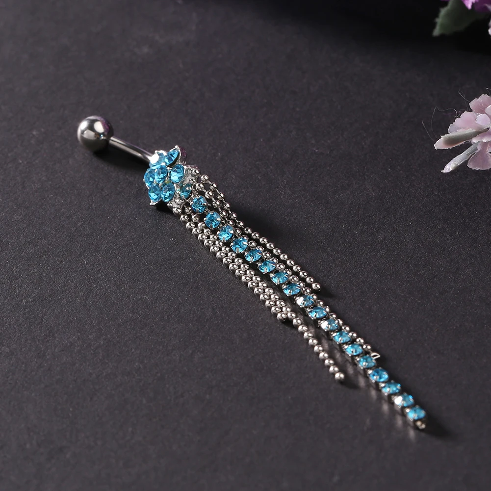 1Pcs Women Rhinestone Flower Beaded Tassels Dangle Body Piercing Navel Belly Ring Rhinestone  Belly Ring Barbell Piercing Belly