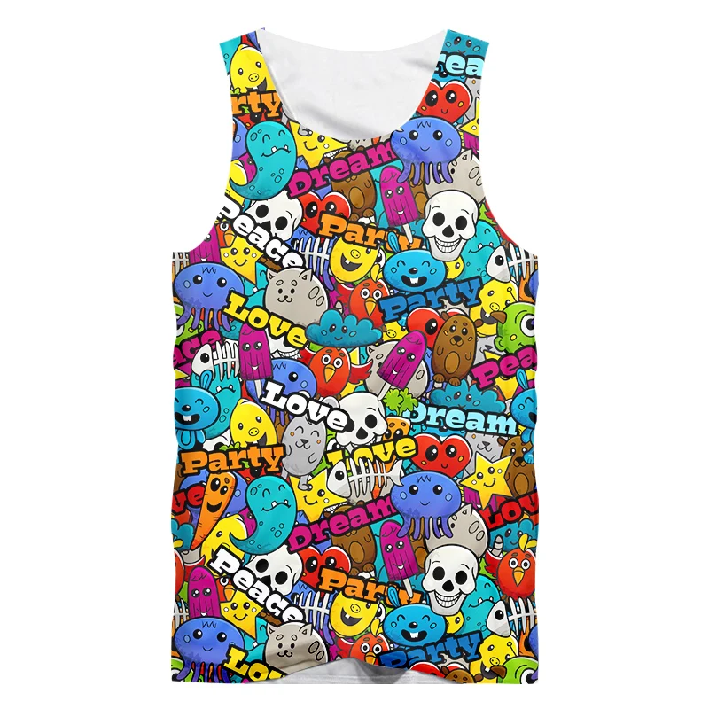 

OGKB 3D Printing Vest Fashionable Casual Fun Anime Graffiti Sleeveless Vest Men And Women Cartoons Hip Hop Streetwears Trendy