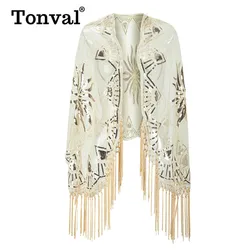 Tonval Luxury Accessory Open Front Vintage Flapper Fringe Shawl Women Going Out Party Mesh Sequin Elegant Cape Shawls