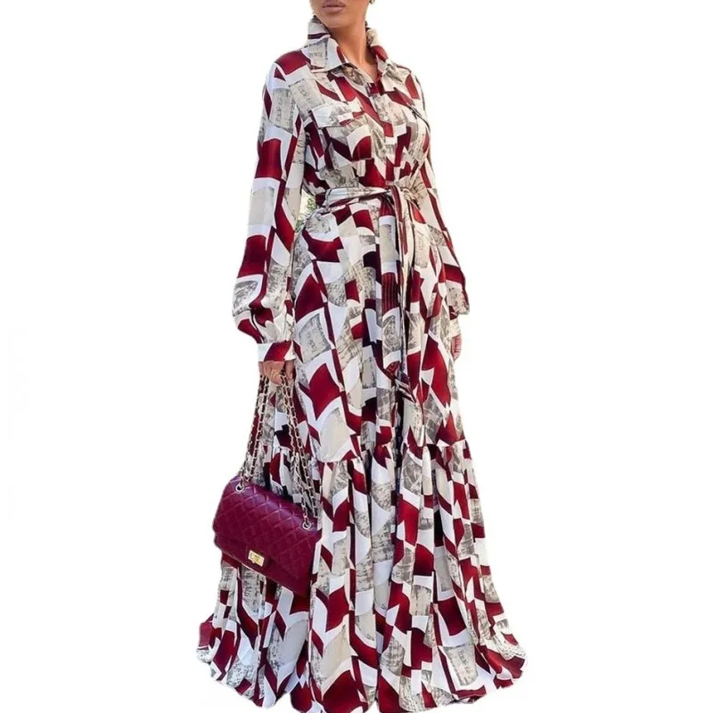 African Shirt Maxi Dress Women High Waist Full Sleeve Robes Spring New Fashion Print Elegant Streetwear African Dresses Vestidos