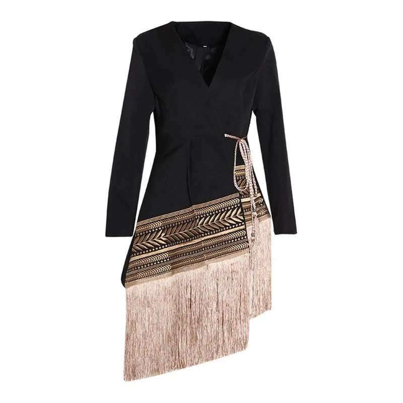 

Loose Fit Spliced Contrast Color Tassel Belt Jacket New V-neck Long Sleeve Women Coat Fashion Autumn Winter Novel