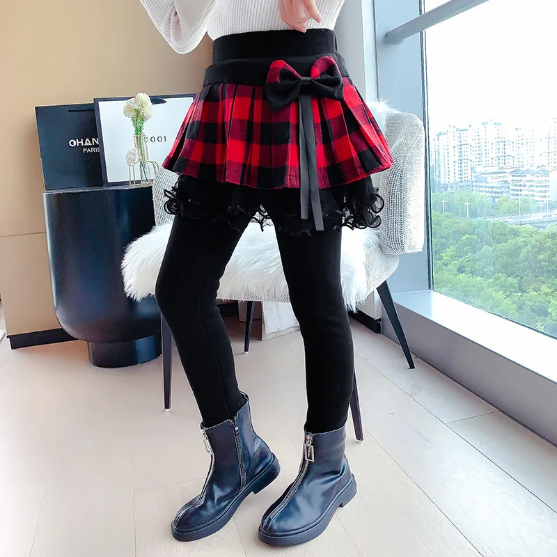 

New Kids Winter Plaid Skirt Leggings for Girls Bowknot Princess Pants Trousers Thicken Warm Girls Leggings Children Clothing