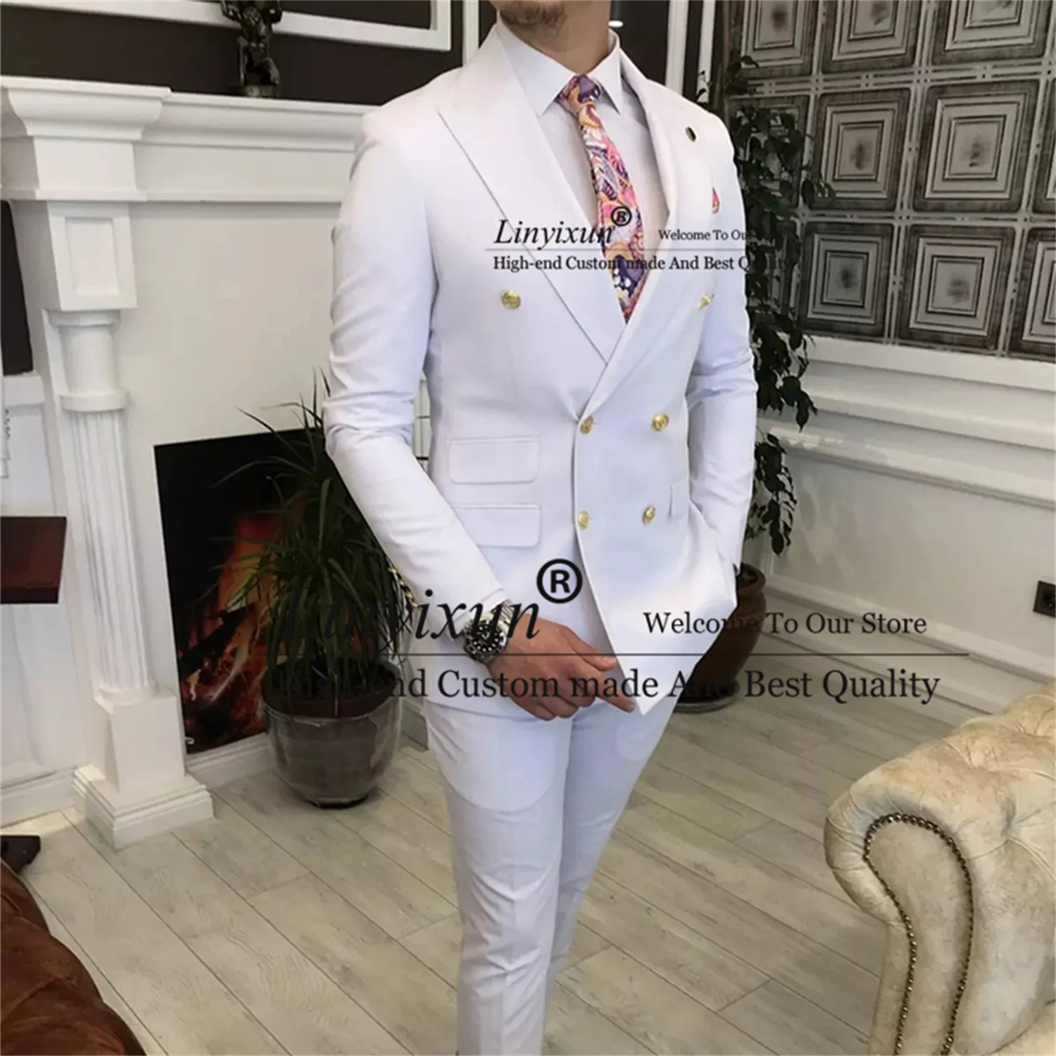 

White Men Suits Slim Fit Double Breasted 2 Piece Wedding Tuxedo Best Man Formal Business Blazer Jacket Pants Terno Masculino