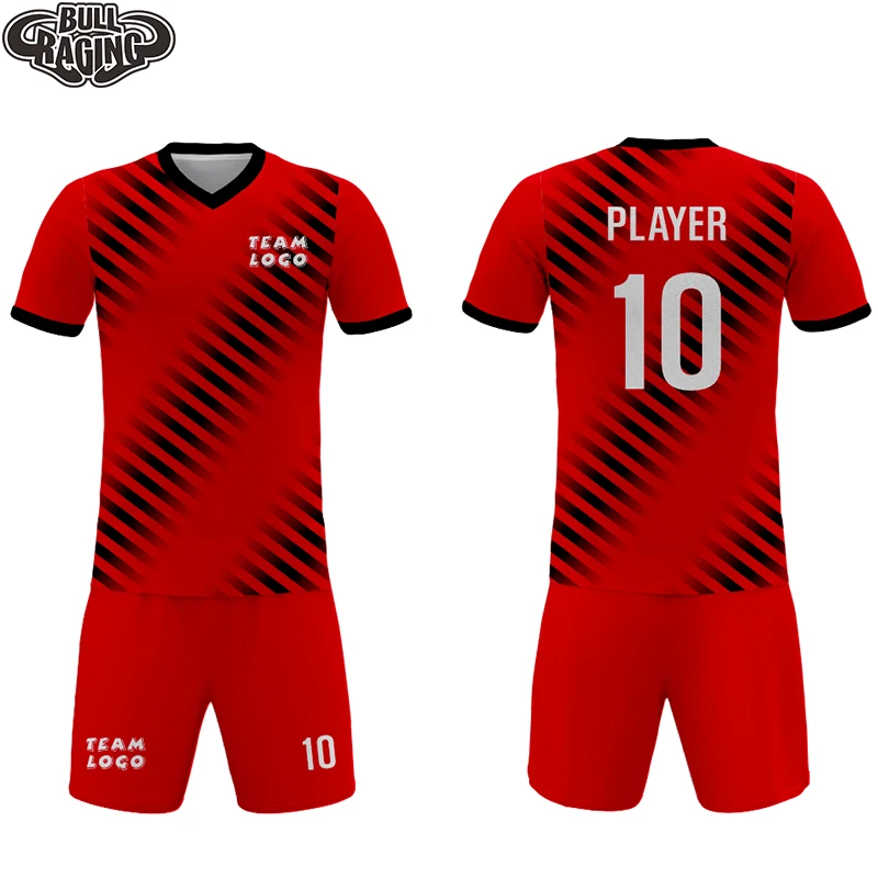 

Red Stripes V Collar Qick Dry Sublimation Printing Soccer Jersey Uniform Sets