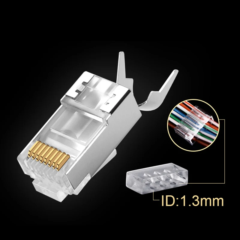 xintylink rj45 connector ethernet cable plug cat7 cat6a male network gold plated 50u 8P8C metal shielded stp jack load bar 1.3mm