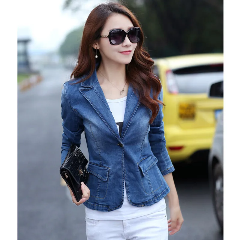 Autumn Short Style Blue Denim Blazer Femme Plus Size Long-sleeved One Button Vintage Jeans Jacket Women Slim Coat