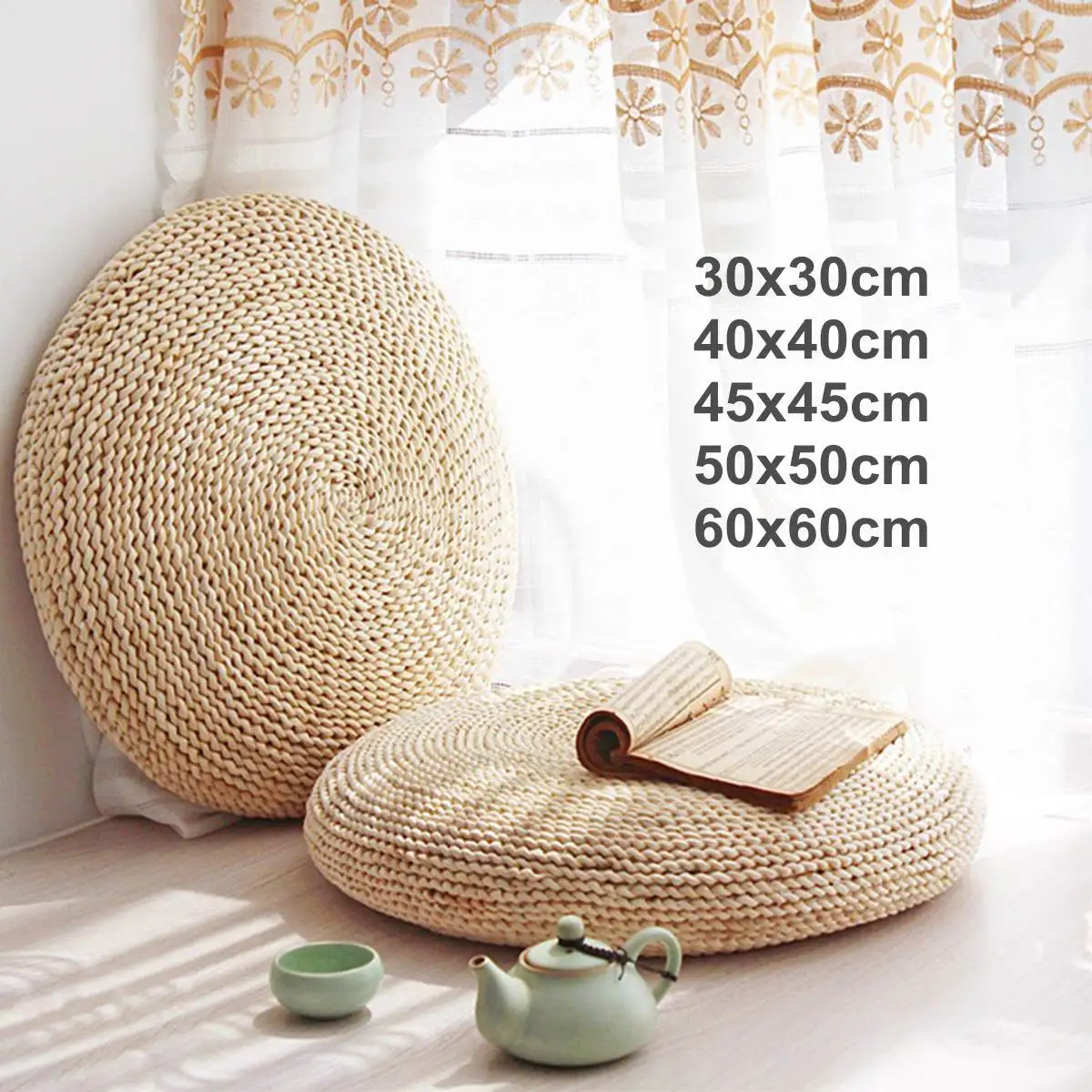 

30/40/45/50/60cm Round Natural Weave Straw Handmade Pillow Floor Yoga Seat Mat Thickening Chair Tatami Meditation Window Cushion