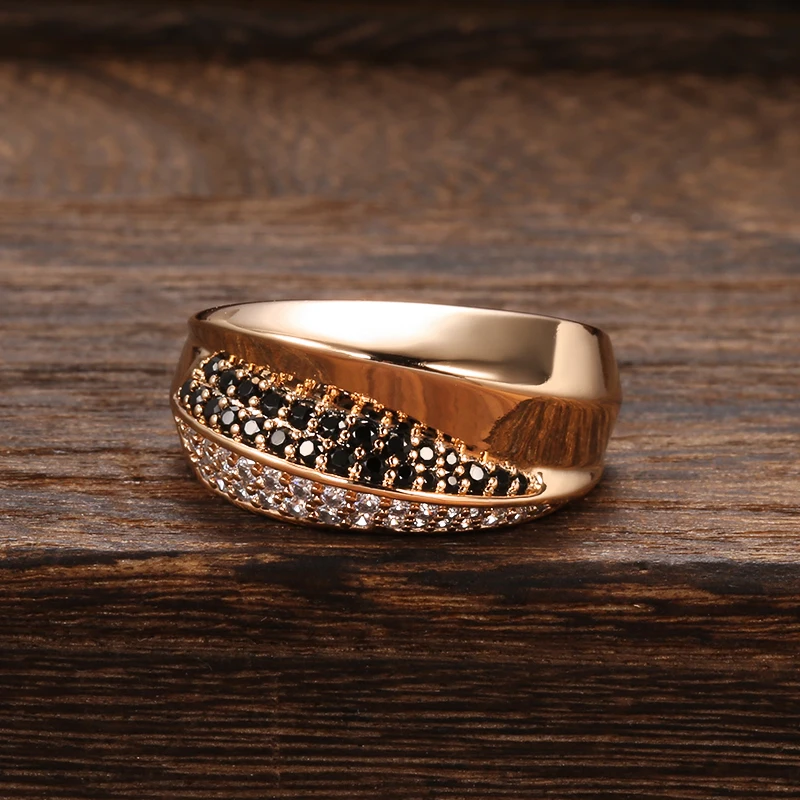 Kinel Luxury Natural Black White Zircon Rings for Women Geometric Cross 585 Rose Gold Wedding Party Fine Daily Vintage Jewelry