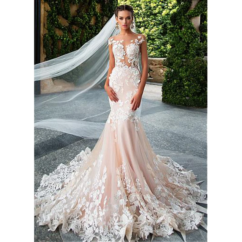 Lovedess rosa Boho abito da sposa sirena Appliques di pizzo Sexy Backless abiti da sposa manica corta Tulle Sweep Train Robe de mariée