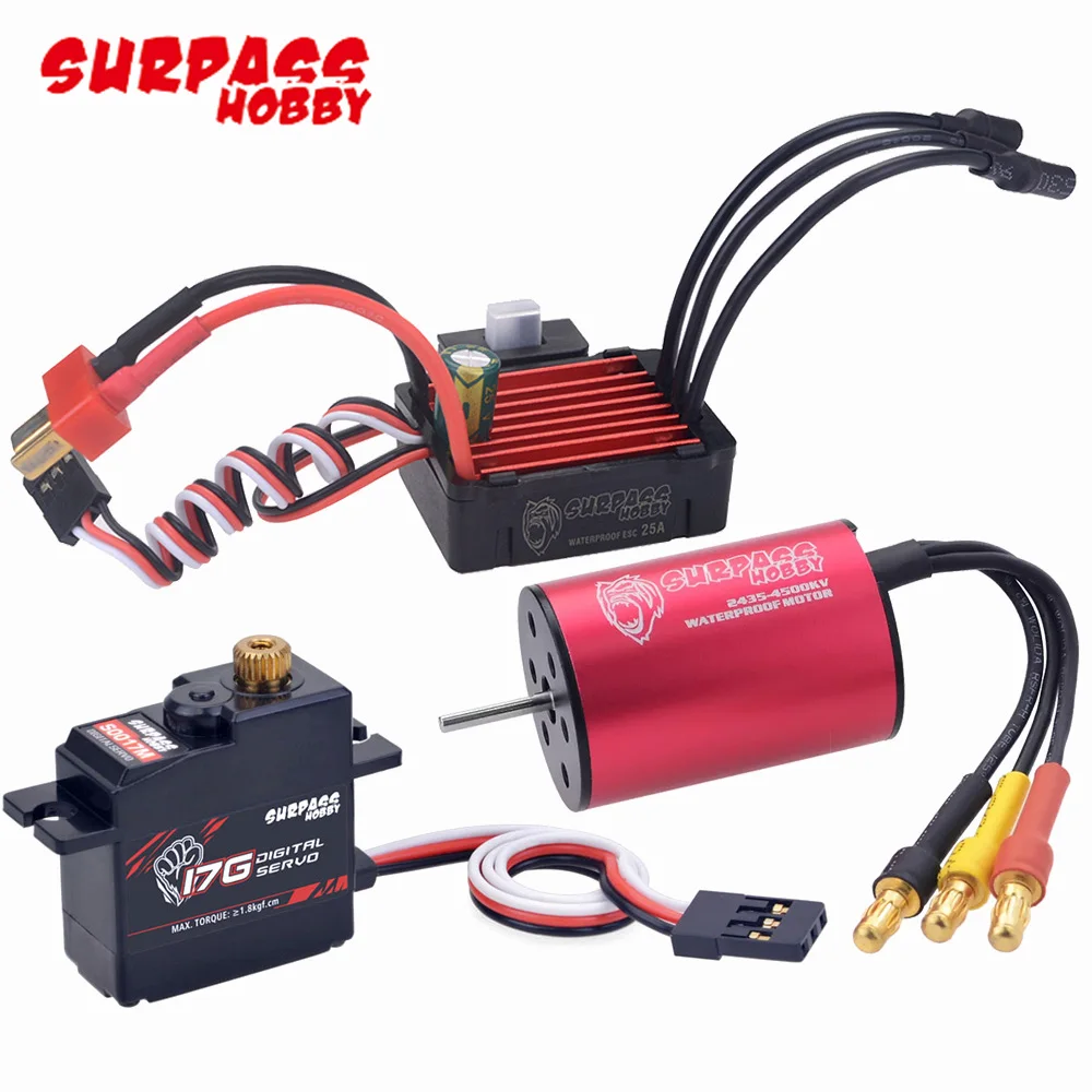 

Surpass Hobby Waterproof 2435 4500KV/4800KV/3300KV/6100KV Brushless Motor 25A 2S ESC S0017M 17g Servo For 1:16 1:18 2S RC Car