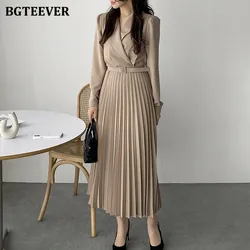 BGTEEVER Spring Chic Ladies Pleated Dress Elegant Lapel Women Mid-length Vestidos Long Sleeve Belted Summer Female Dress 2021