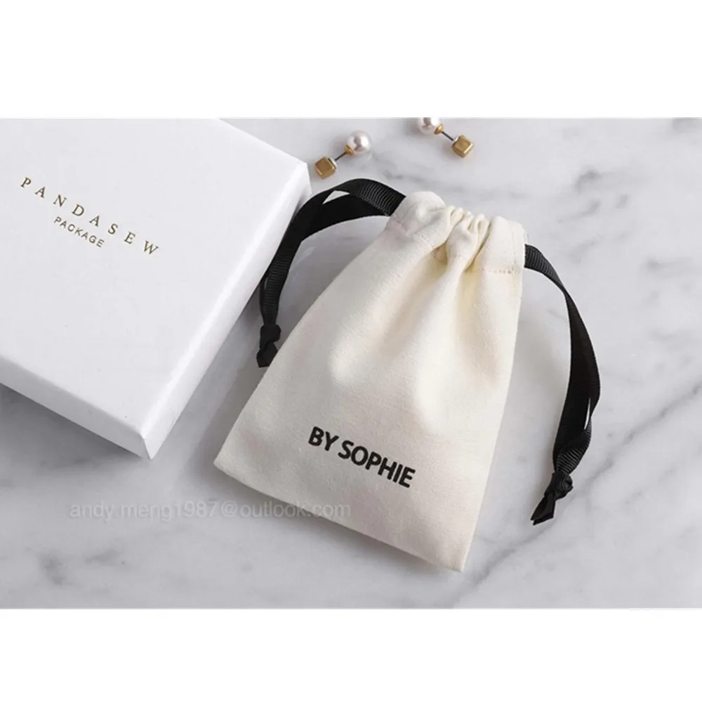 personalized 50  jewelry packaging  8 ounce Cotton canvas bags logo  with ribbon bag custom chic small  wedding  favor beige