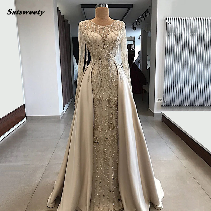 

Vintage Plus Size Formal Evening Dresses Mermaid Long Sleeves Sequin Beading Evening Prom Party Gowns With Detachable Train Long