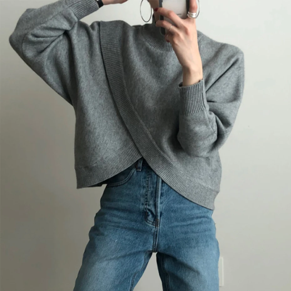 Turtleneck Sweater Women Chic Lantern Sleeve Korean Criss-cross Irregular Pullovers Half Turtleneck Sweater Gray Knitted NewTops