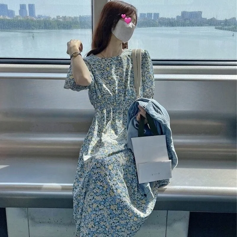 Kurzarm Kleid Frauen Casual Blume Oansatz Dame Mid-kalb Elegante Beliebte Koreanische Stil Girlish Sommerkleid A-line Sommer trendy