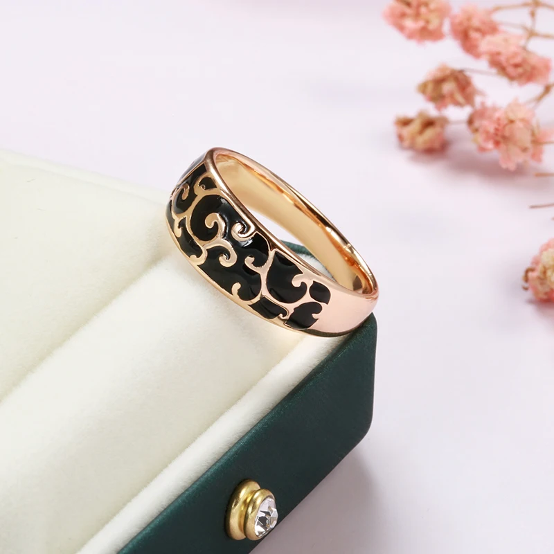 Kinel Luxury 585 Rose Gold Black Enamel Ring Unusual Ethnic Pattern Bride Wedding Rings Creative Fashion Jewelry 2022