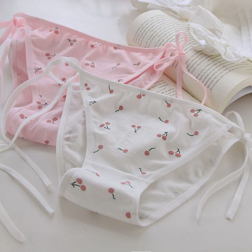 Cherry Wit Roze Katoenen Naadloze Slipje Lolita Meisjes Bandage Slips Lingerie Voor Vrouwen Diy Tie Boog Strappy Ondergoed