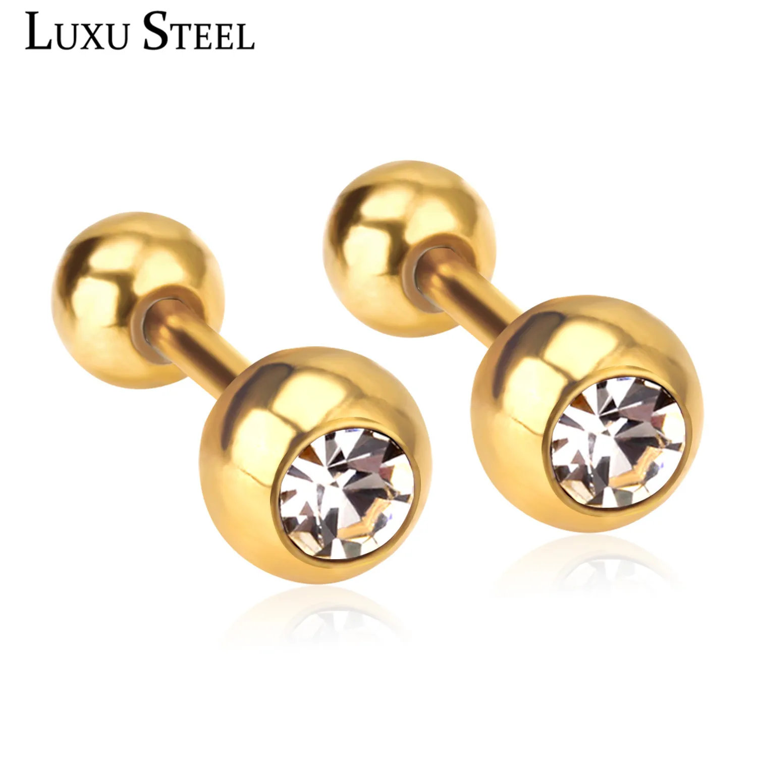 LUXUSTEEL Crystal Earrings For Women Men Gold Color Stainless Steel Round CZ Stud Earring Anti-allergy Screw Back Aretes