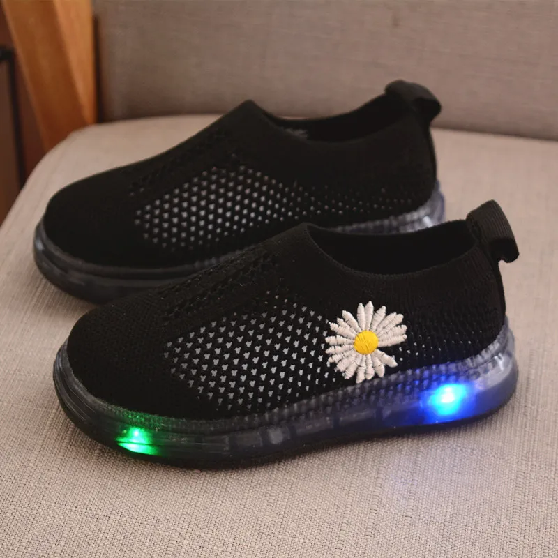 Children's Air Mesh LED Light Sports Shoes Summer Breathable Boys Girls Luminous Daisy Flower Sneakers Kids Toddler Baby XZ19094