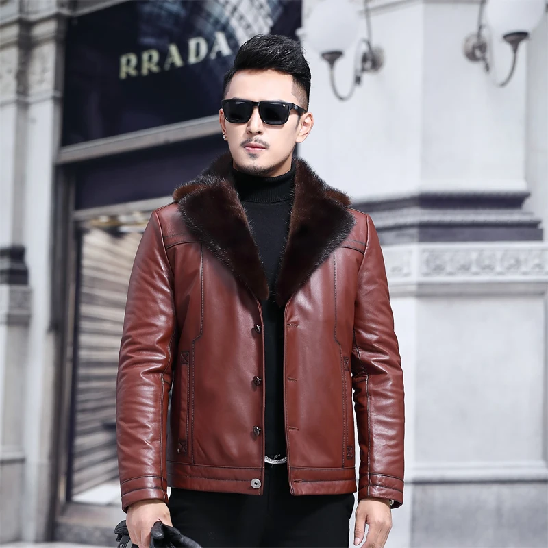 Genuine Leather Boollili Jacket Men Real Cow Leather Winter Coat Mink Collar Men Leather Jacket Wool Liner Fox Fur