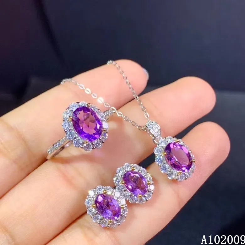 KJJEAXCMY fine jewelry 925 sterling silver inlaid natural amethyst earrings ring pendant luxury girl suit support test