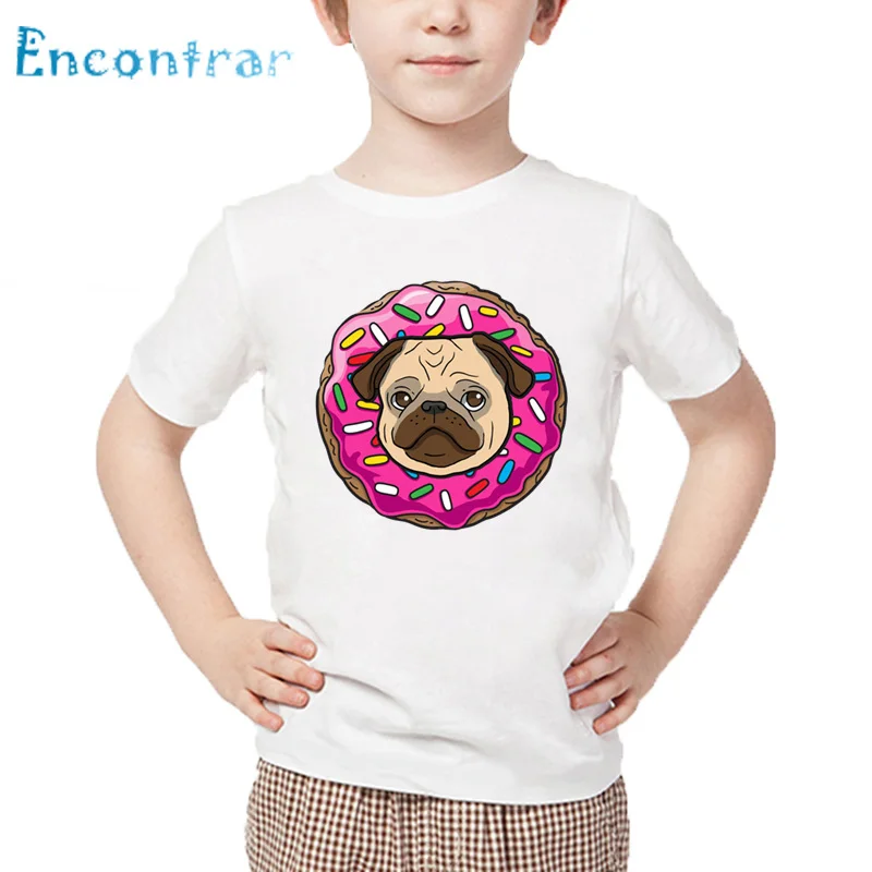 Kids Cartoon Sloth/Pug in Pink Donut Print Funny T shirt Baby Summer Tops Boys and Girls White Soft T-shirt