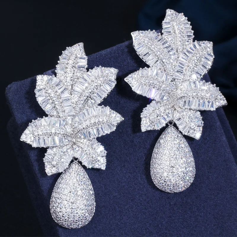 CWWZircons 3 Tone Gold Color Luxury Large Leaf Drop Flower Micro Cubic Zirconia Pave Naija Wedding Party Earring for Women CZ644