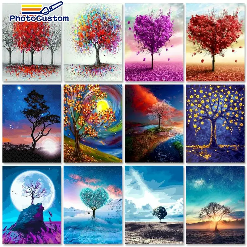 

PhotoCustom Oil Paint By Numbers Kits Trees Painting By Numbers On Canvas Frameless 60x75cm Scenery Wall Art DIY Home Decor