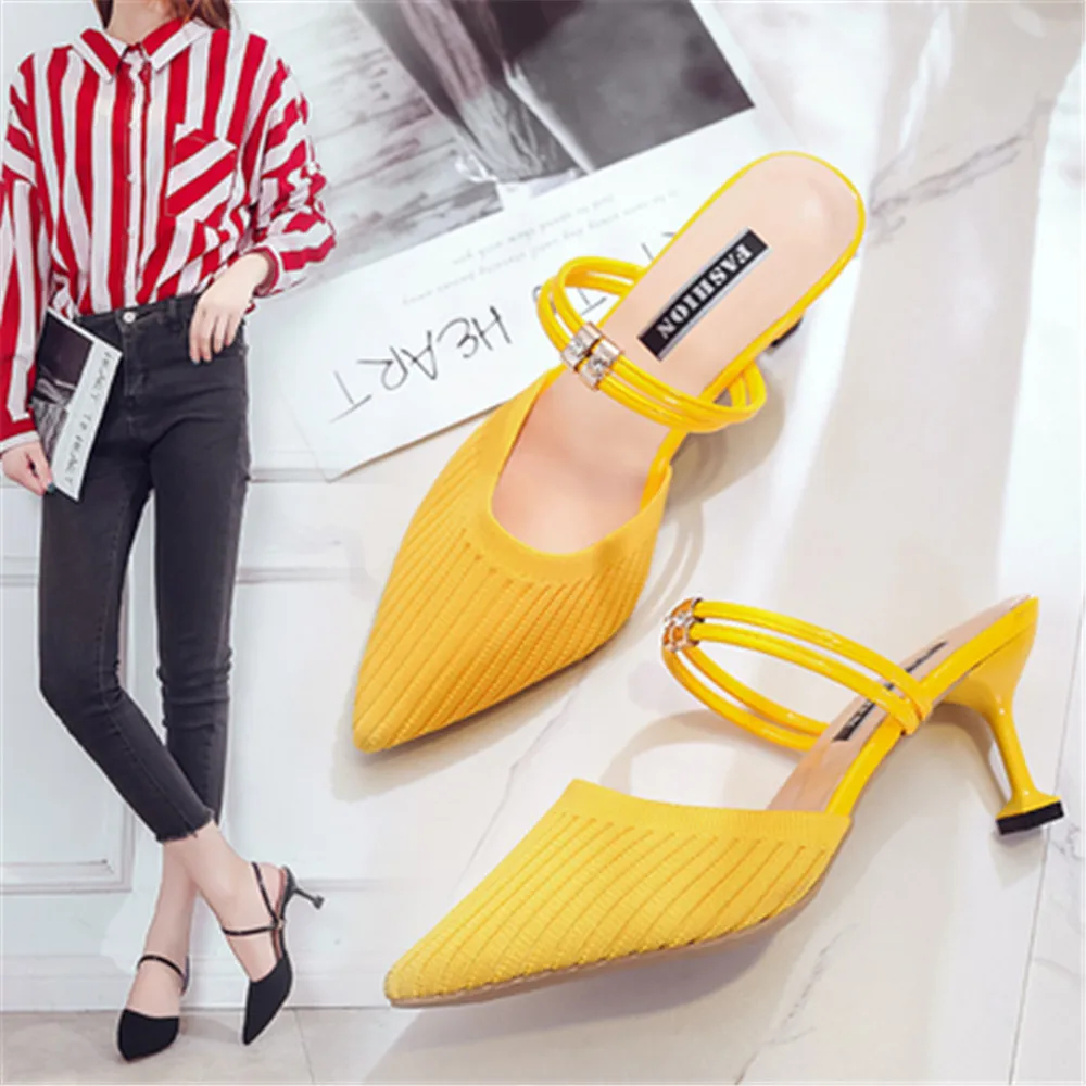 Knitted Elastic Mesh High Heels Slipper 2024 Spring Summer Shoes Women Fashion Pointed Toe Square Heel Mules Slip-On Pumps 34-40