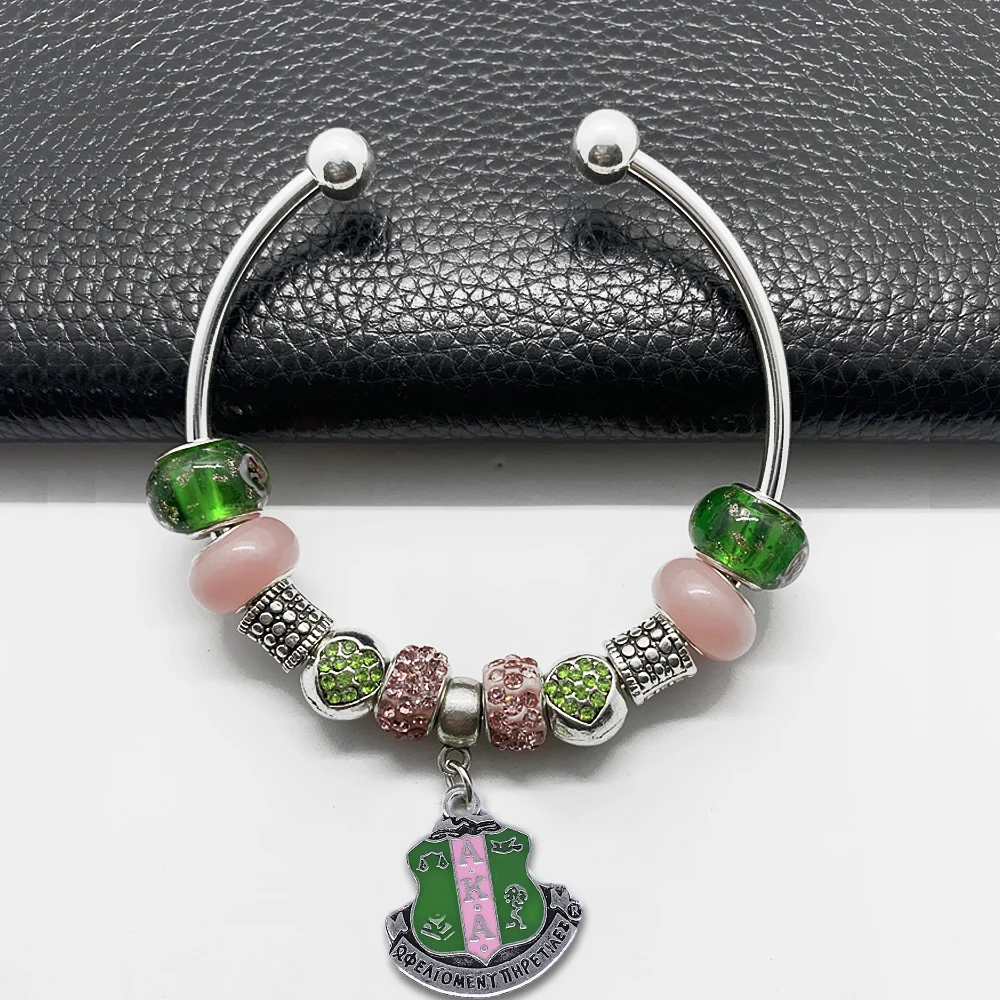 Popular university pink green sorority society ALPHA badge pendant DIY big hole rhinestone glass beads wire bangle bracelet