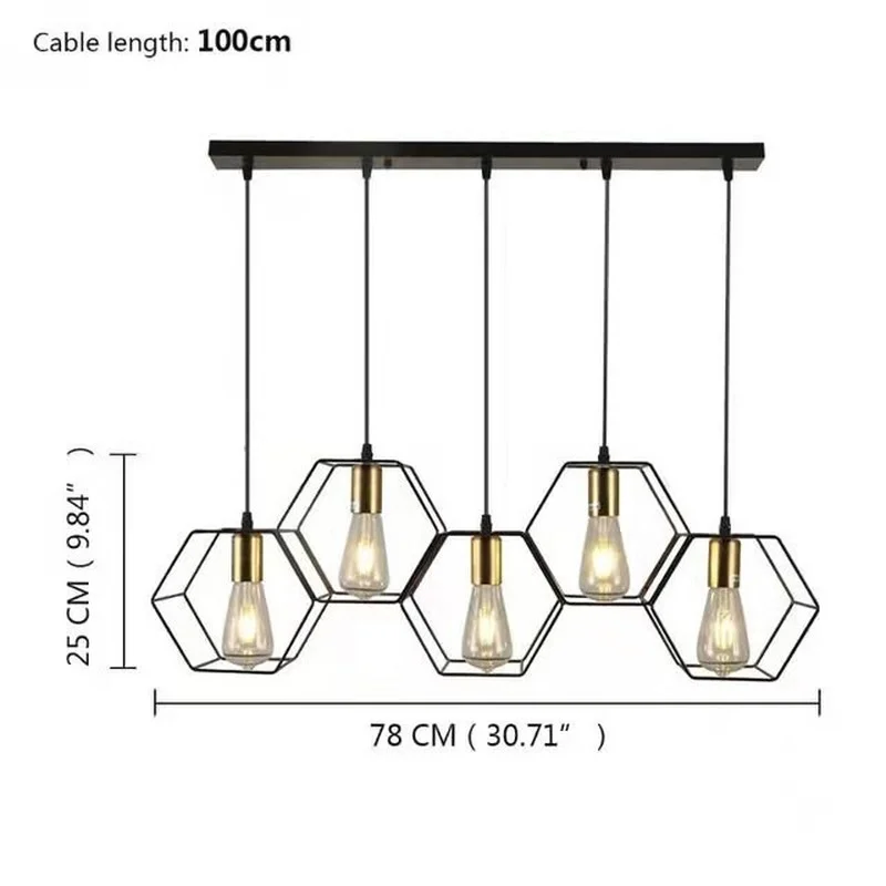 Imagem -05 - Loft Luz Haste de Metal Lâmpada Pendurada com Quadro Ferro Geométrico Sala Jantar Lustre Ajuste Cabo Iluminação Interior