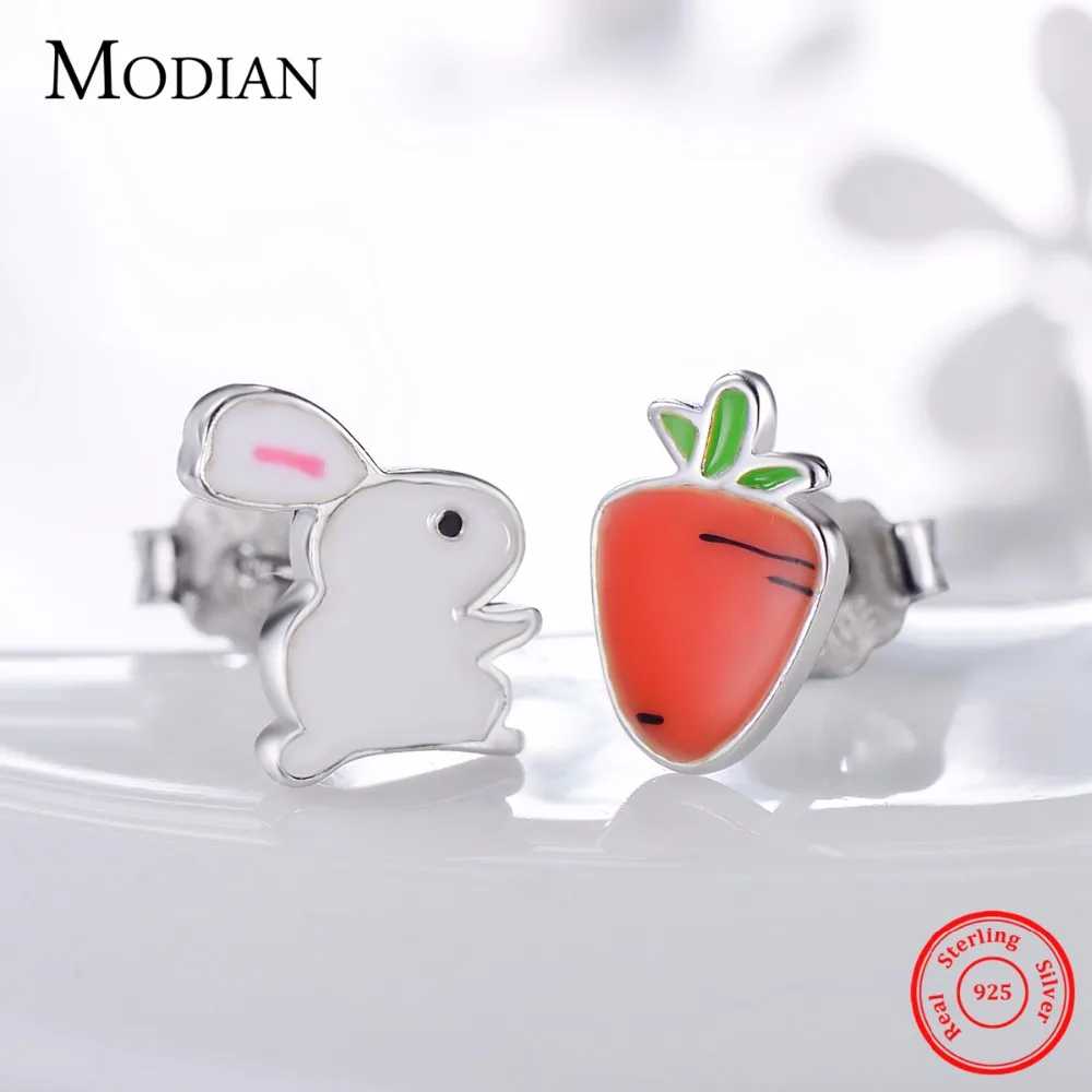 Modian-pendientes de plata de ley 925 con forma de zanahoria y conejo, joyería Original, con cierre de tuerca, en oferta