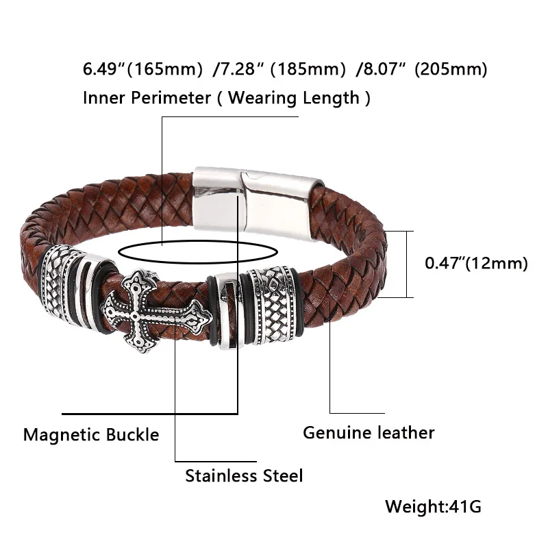 Yage – Bracelets en cuir tressé pour hommes, largeur de 12mm, breloques croisées en acier inoxydable 316L, Bracelets à la mode, bijoux masculins