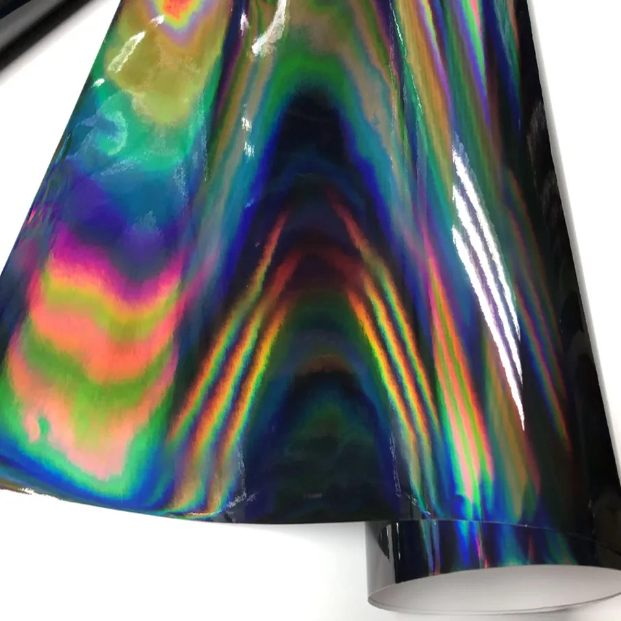 

50 см x 300 см черная голографическая хромированная виниловая оберточная Радужная отделка рулон самодельная воздухопроницаемая клейкая пленка