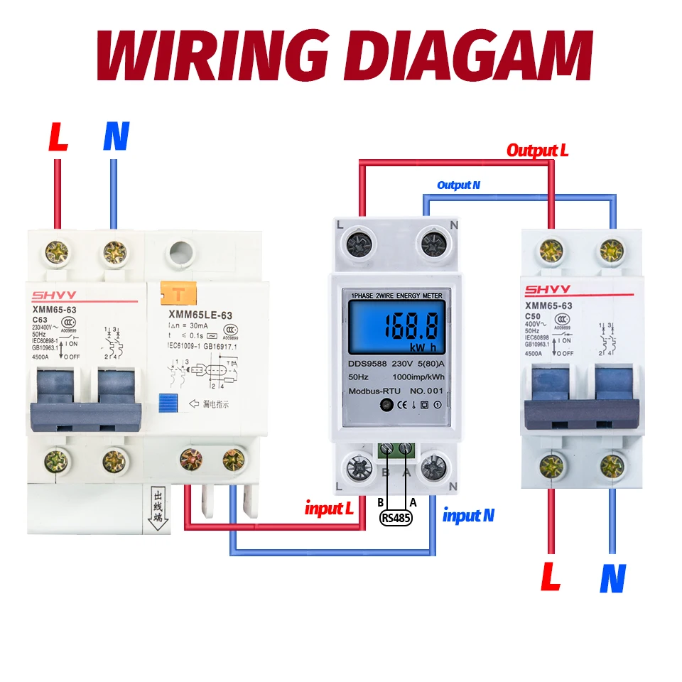 التيار المتناوب 220 فولت 5-80A RS485 Modbus-Rtu مقياس طاقة رقمي الكهرباء كيلوواط ساعة استهلاك متر الجهد الحالي كيلو واط عرض 50/60Hz