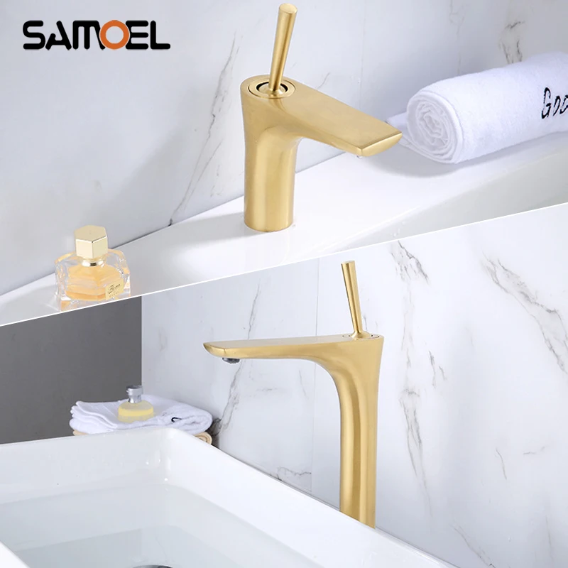 

New Nordic Style Golden Brushed Brass Bathroom Sink Faucet Mixers Luxury Deck Mount Basin Water Tap G1118