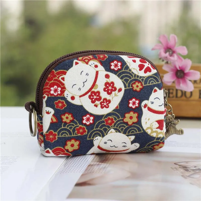 Retro Cat Small Canvas Mini Bag Women Coin Purses Kawaii Short Wallet Girls Purse Card Bags Womens Hand Purses for Ladies Kids