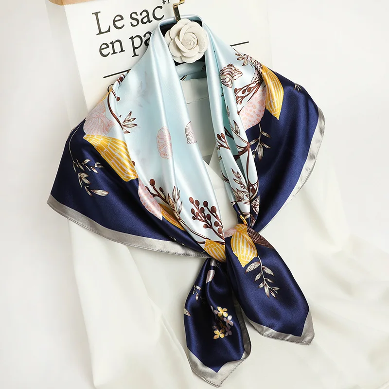 90*90cm Square Silk Scarf Women Fashion Designer Beautiful flowers Foulard Soft Satin Shawl Kerchief Scarfs Neck Headscarf