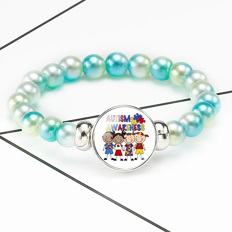 10PC Heart Autism Awareness Help Raise Understanding And Acceptance Beaded Bracelet 18mm Snap Buttons bracelets Jewelry Women