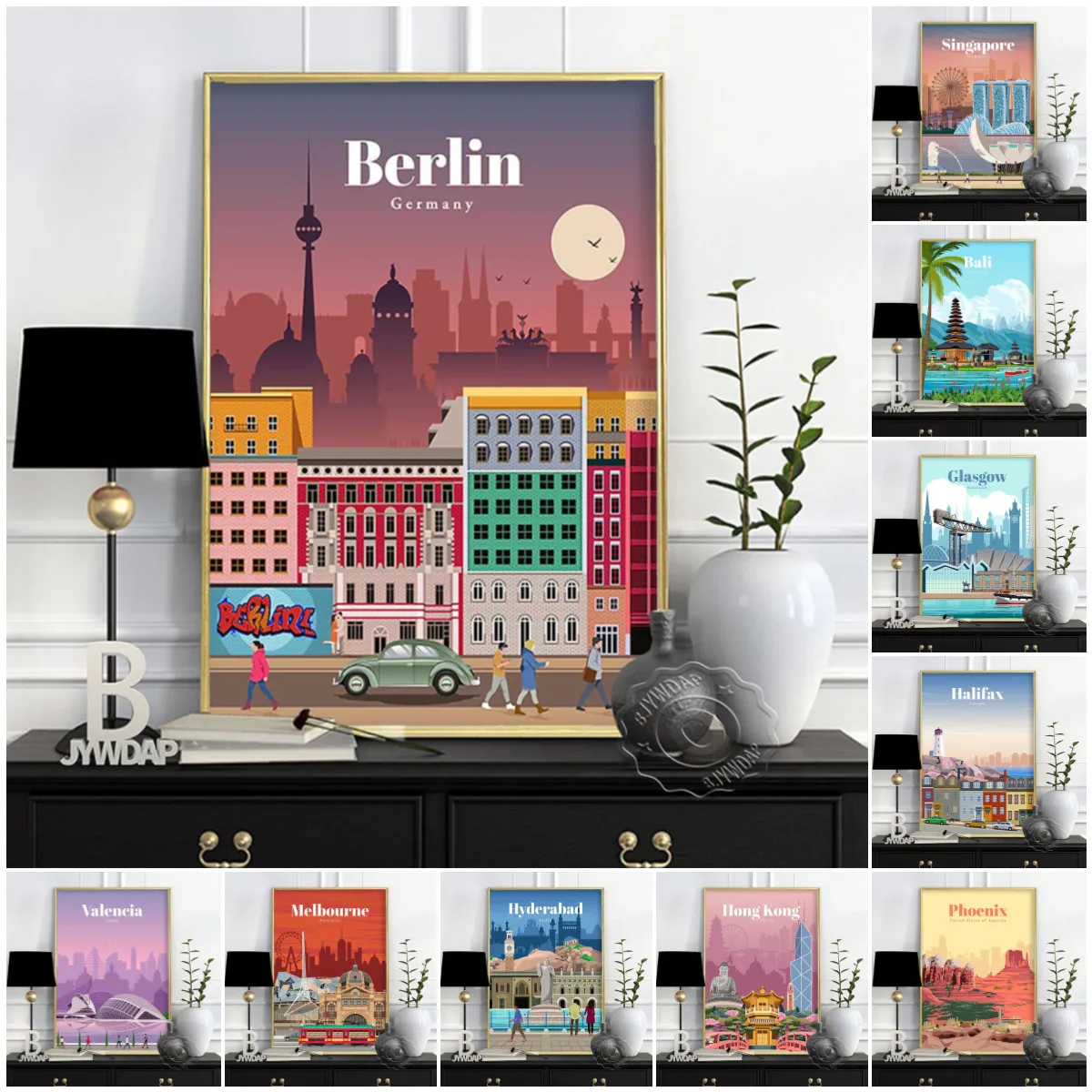 Modern City Spain Valencia Seville Print Posters, Berlin Brussels Canada Wall Art Decor, Miami Melbourne Phoenix Travel Poster