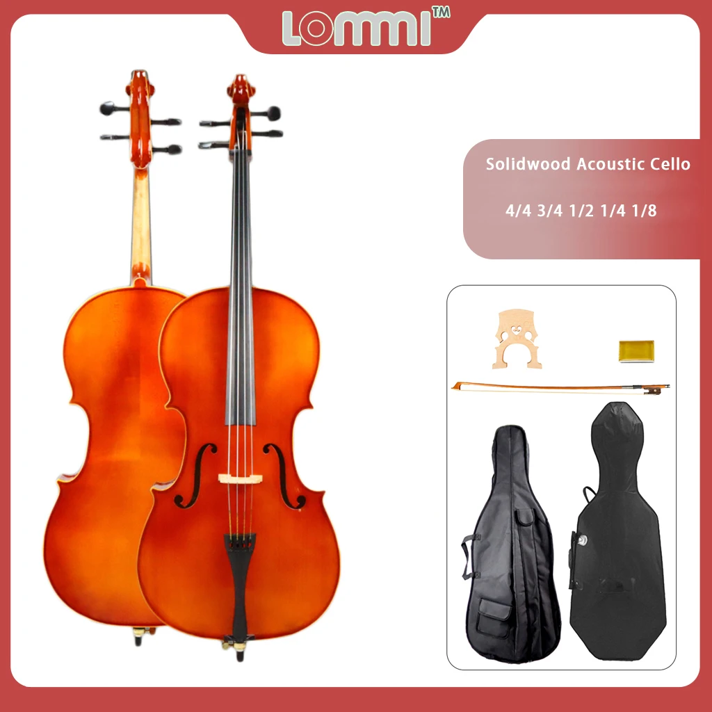 LOMMI 4/4 3/4 1/2 1/4 1/8 Size Solid Cello Spruce Top Face Board Maple Back Brazilwood Bow Rosin Gig Bag + Carry Cello Case