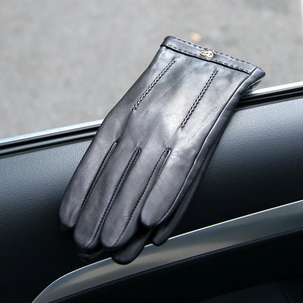 黒本革手袋女性秋冬サーマルプラスぬいぐるみ裏地ファッションシンプルな運転女性シープスキン手袋-l169nc