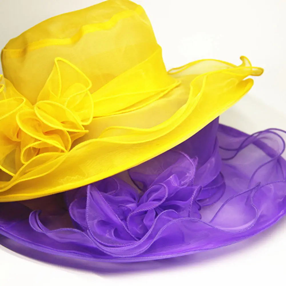 Chapeau de mariage élégant pour femme, maille de fleurs, crème solaire, tri Derby et couvre-chef, chapeaux de soleil d\'église en organza violet