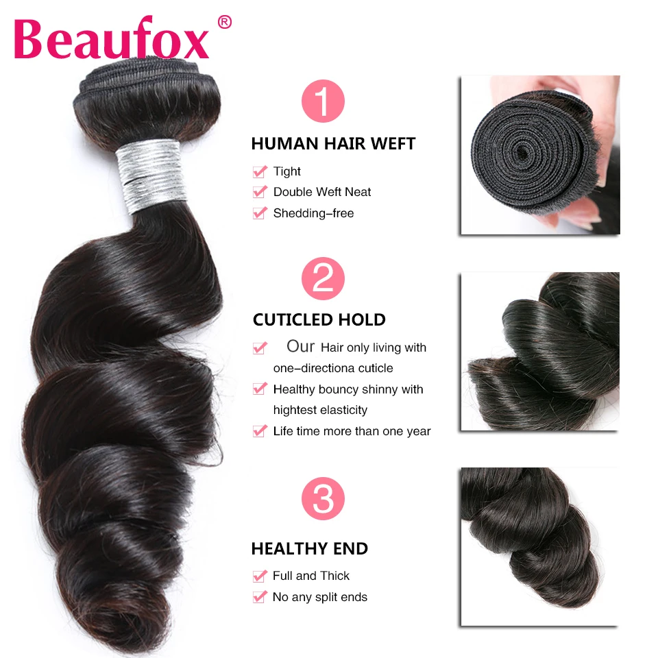 Beaufox-extensiones de cabello humano ondulado, mechones de cabello brasileño ondulado, Natural, negro, Remy, 1/3/4 piezas