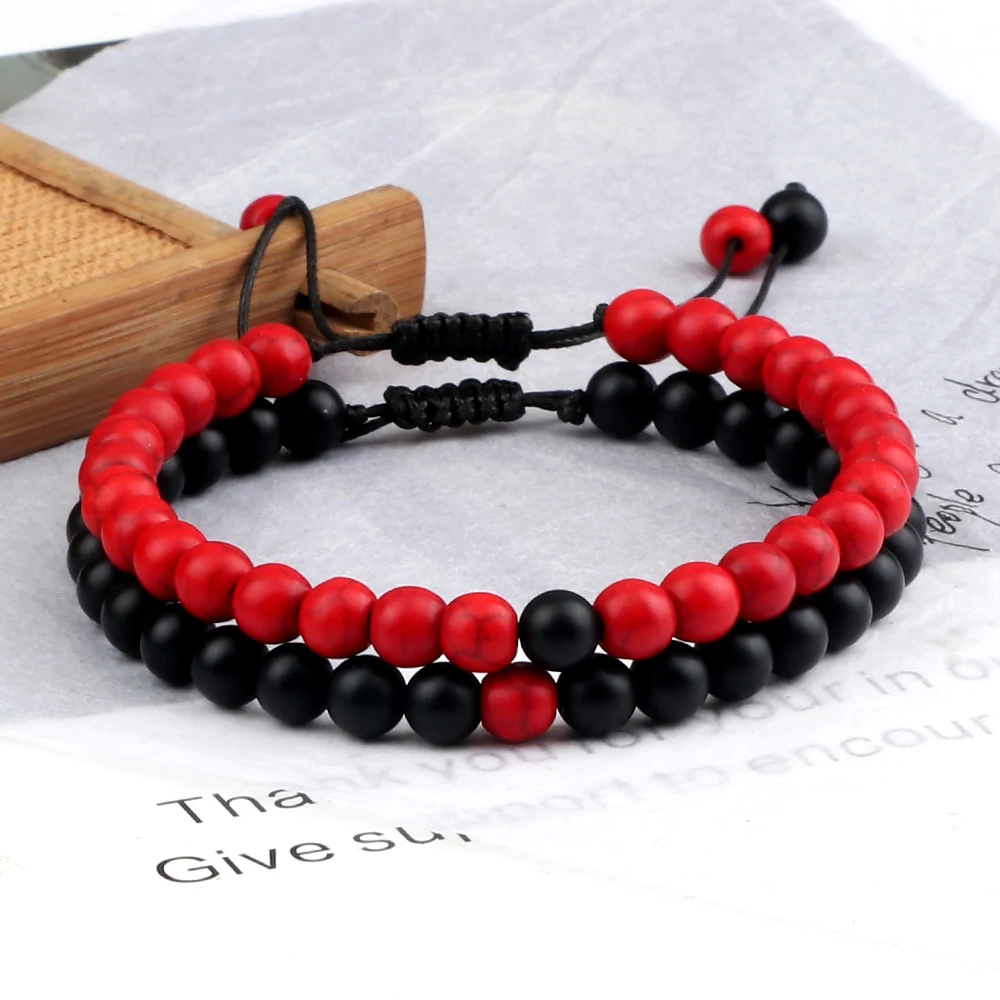 2pcs/set Red Beaded Bracelets Natural Tiger Eye Stone Rock Strand Handmade Braided Rope Bracelets&Bangle Women Men Charm Jewelry