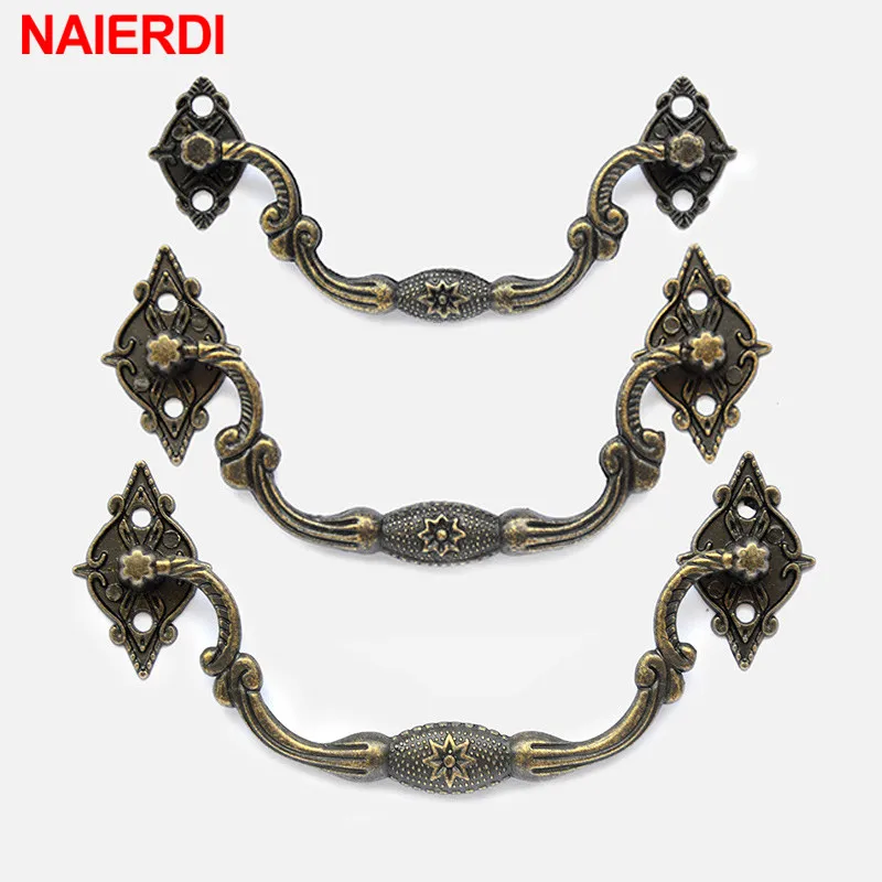 NAIERDI Zinc Alloy Antique Furniture Handles Carved Handle Drawer Door Knobs Jewelry Box Bronze Cabinet Pulls Furniture Handware